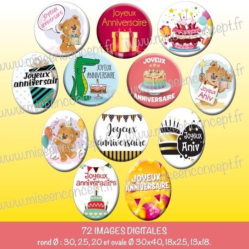 72 Images Digitales Joyeux Anniversaire Rond Ovale Images Cabochons Bijoux Badge Magnet Etiquette Autocollant Stickers Un Grand Marche