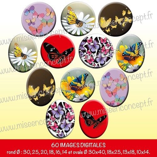 60 images digitales - papillons - rond & ovale - images cabochons - insecte - animal - nature - bijoux