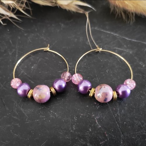 Boucles d'oreilles créoles perles lilas
