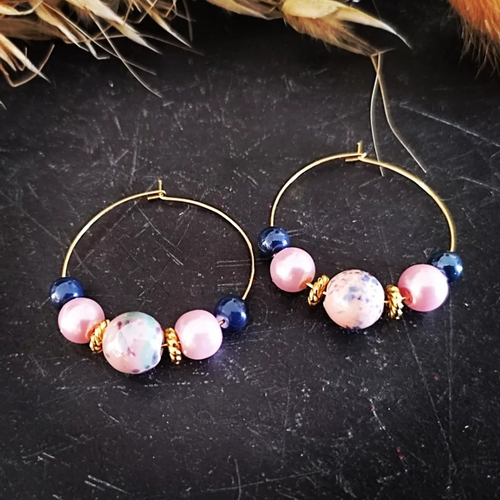 Boucles d'oreilles créoles perles rose