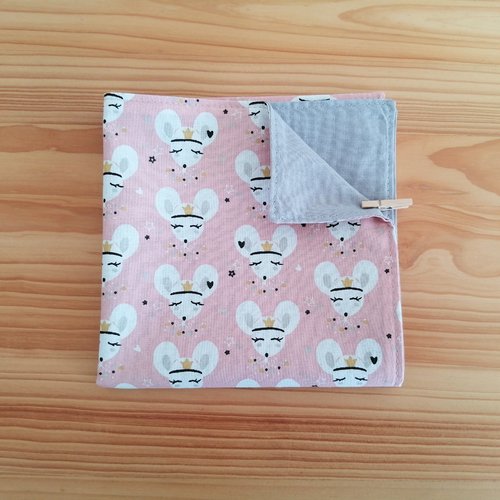 Serviette de table enfants doublée en tissu oeko-tex, fond rose et souris