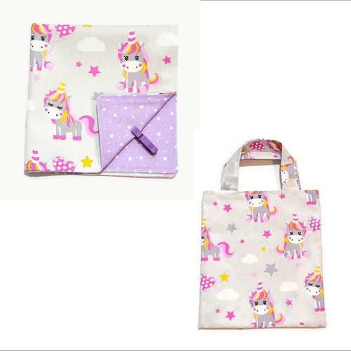 Serviette de table enfant, doublée, avec ou sans sa pochette, motifs petites licornes