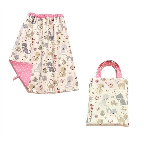 Serviette de table cantine maternelle avec élastique et pochette, motifs petits chats