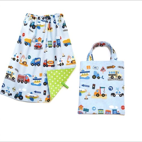 Serviette de table maternelle avec élastique et pochette pour serviette cantine, motifs petits véhicules