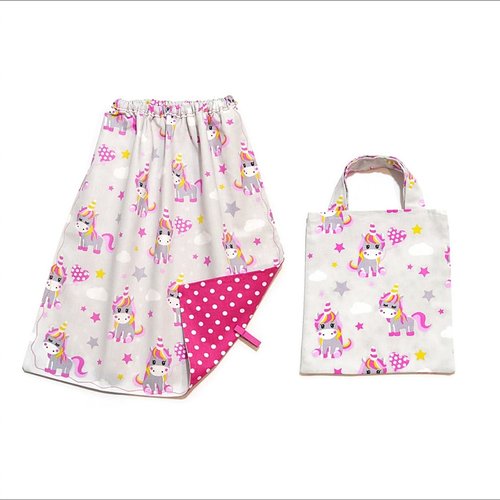 Serviette de table enfant maternelle avec élastique, pochette coordonnée, motifs petites licornes