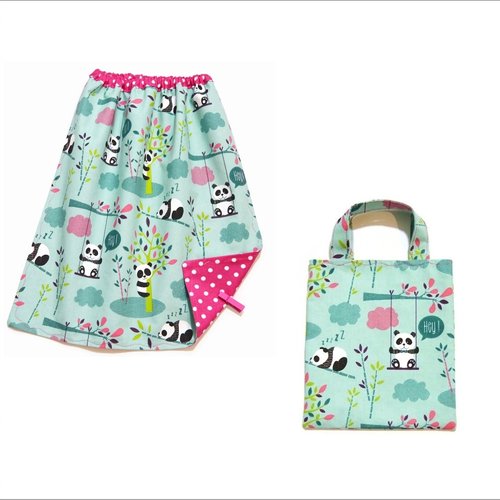 Bavoir avec élastique, serviette de table enfant cantine maternelle et pochette, motifs petits pandas
