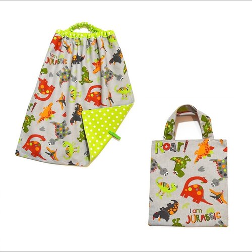 Serviette de cantine avec élastique et pochette, motifs dinosaures