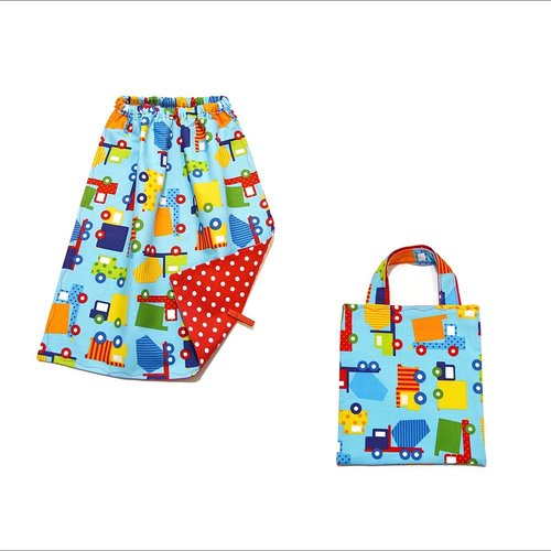 Serviette de table enfant cantine maternelle, avec élastique, pochette coordonnée, motifs petits camions