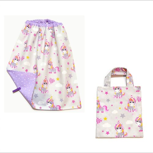 Serviette de table cantine maternelle, avec élastique, motifs petites licornes, et sa pochette coordonnée.