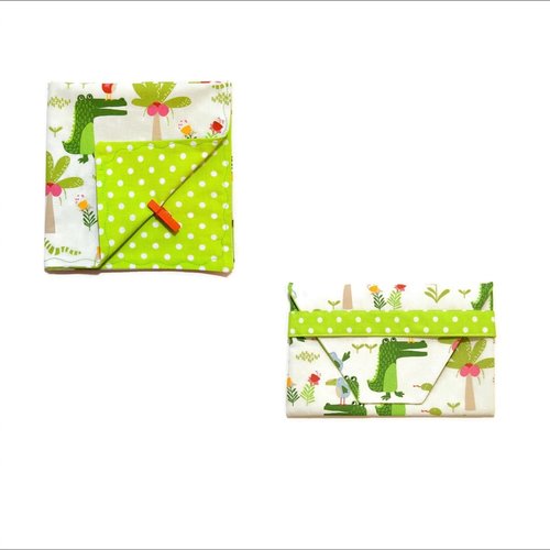 Serviette de cantine enfant et sa pochette coordonnée, motifs petits crocodiles