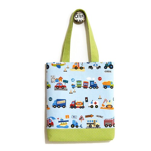 Sac maternelle, tote bag garçon, motifs petits véhicules colorés