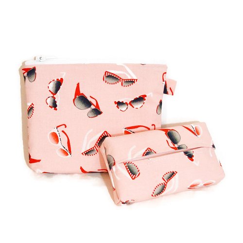 Pochette pour sac à main avec son étui pour mouchoirs coordonné, motifs lunettes rétro