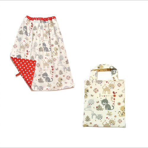 Serviette de table cantine maternelle avec élastique et sa pochette coordonnée, motifs petits chats
