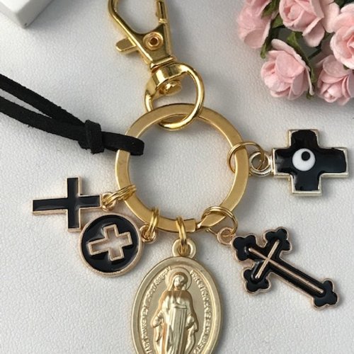 Porte-clés ex voto croix médaille religieuse