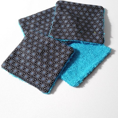 Lingettes lavables coton bleu noir motifs geometriques japonais homme femme bebe idée cadeau zero déchets