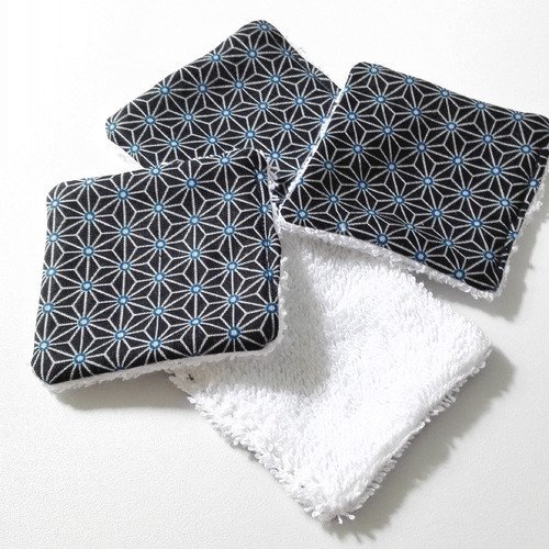 Lingettes lavables coton bleu noir motifs geometriques japonais homme femme bebe