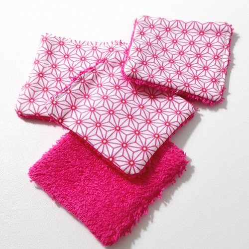 Lingettes lavables coton rose motifs geometriques japonais  femme bebe zero dechets