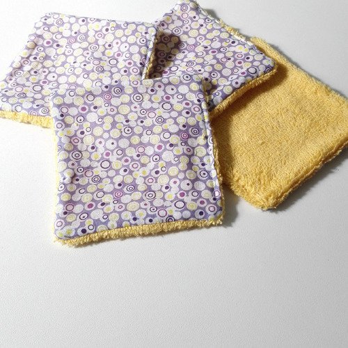 Lingettes lavables coton jaune violet motifs geometriques femme bebe