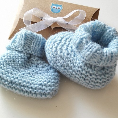 Chaussons bébé en laine bleu coffret box kraft cadeau mes premiers chaussons naissance baby shower