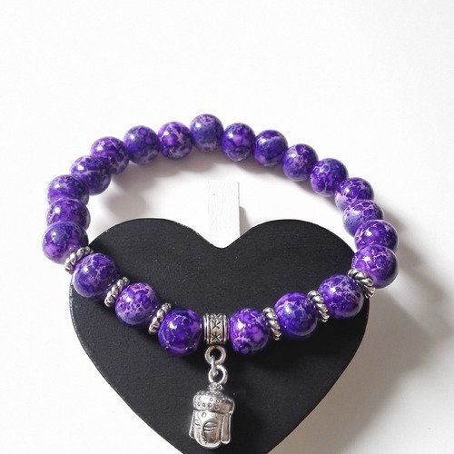 Bracelet tibétain de perles pendentif bouddha argenté violet zen yoga protection idée cadeau miss perles