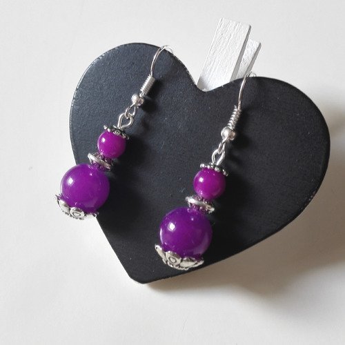 Boucles d'oreilles celtiques argentées perles violettes mauves vintage féérique idée cadeau miss perles