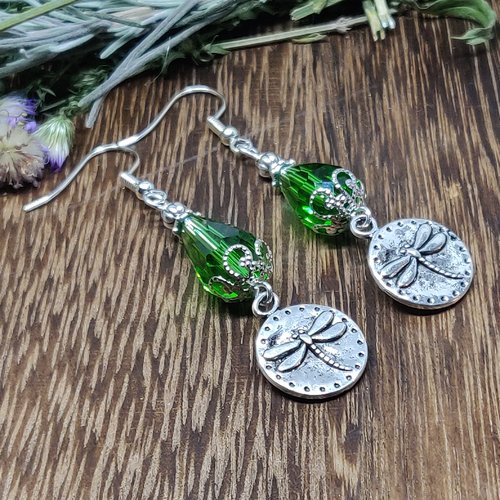 Boucles d'oreilles outlander libellules argentées bijoux sassenach cristal vert féérique idée cadeau miss perles