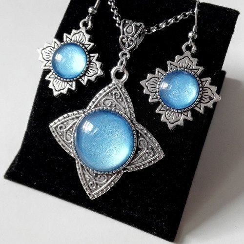 Parure outlander celtique rose jacobite bleu argenté et acier inoxydable féérique vintage idée cadeau miss perles