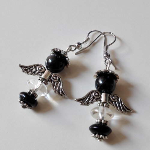 Boucles d'oreilles celtiques vintages argentées antique ange perles gris noir idée cadeau miss perles 