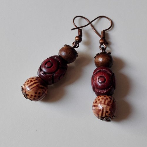 Boucles d'oreilles africaine etnique vintage cuivre marron perles bois idée cadeau miss perles 
