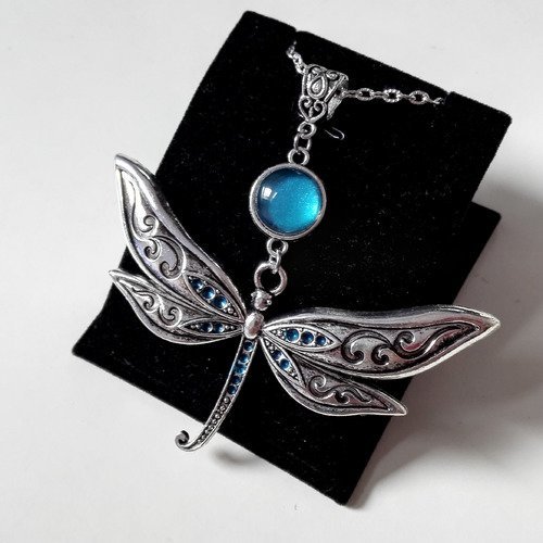 Collier outlander celtique sassenach libellule cabochon argenté bleu turquoise féérique idée cadeau miss perles