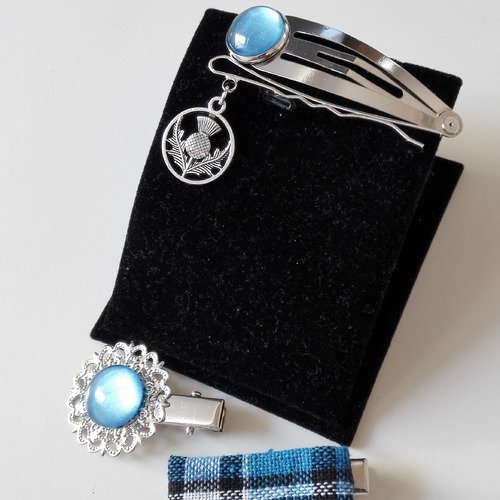 Kit barrette à cheveux pince cabochon bleu tartan celtique argenté chardon écossais vintage féérique outlander idée cadeau miss perles