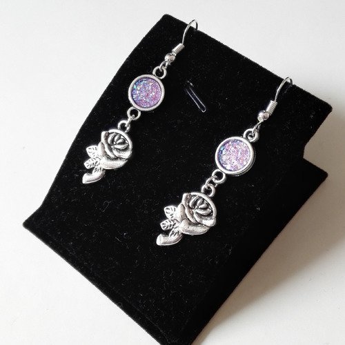 Boucles d'oreilles belle violet rose argenté féérique idée cadeau miss perles