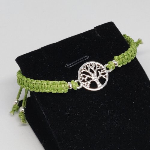 Bracelet arbre de vie zen argenté vert coton macramé protection idée cadeau miss perles