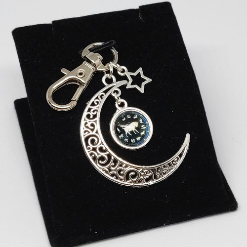 Bijou de sac taureau signe astrologique constellation porte clés lune celtique argenté bleu nuit féérique idée cadeau miss perles