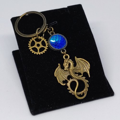 Porte clés dragon steampunk écailles bleu bronze antique game of thrones targaryen danaerys féérique idée cadeau miss perles