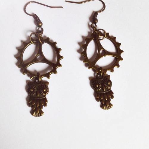 Boucles d'oreilles bronze engrenages steampunk "hiboux" game of thrones 