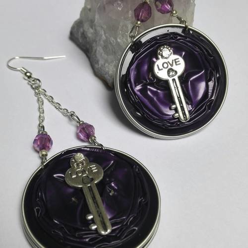 Boucles d'oreilles cabochons capsules  nespresso violettes argentées clés 50 nuances de grey fifty shades