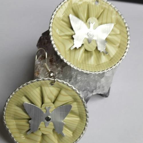 Boucles d'oreilles recyclées capsule de café cabochons vanille papillon argenté écologique zéro déchet idée cadeau femme