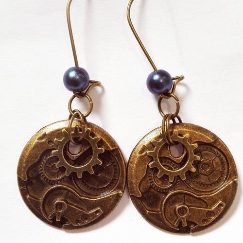 Boucles d'oreilles steampunk  dormeuses engrenages bronze antique vintage 