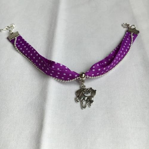 Bracelet " licorne magique " argenté féérique avec ruban violet liberty manga 
