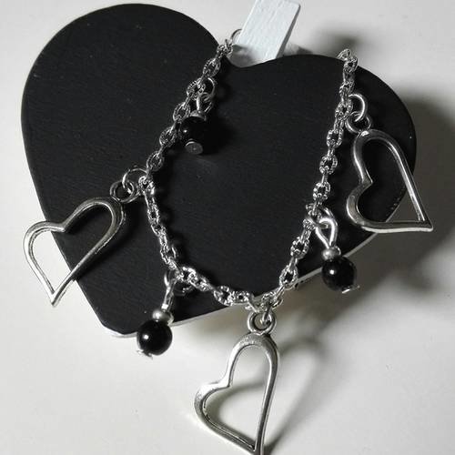 Bracelet 50 nuances de grey - film fifty shades - love coeurs argentés et perles noires féériques 