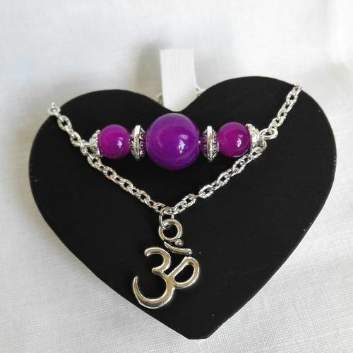Bracelet ohm argenté et perles violettes féériques zen 
