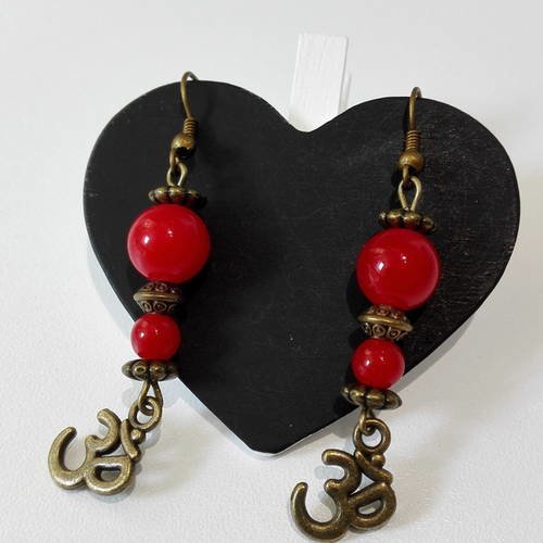 Boucles d'oreilles ohm bronze et perles rouges féériques fairy  collection zen boutique miss perles