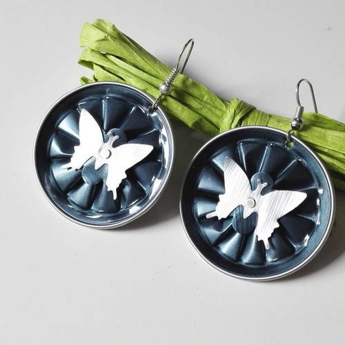 Boucles d'oreilles cabochons capsules nespresso bleues papillons argentés féériques 