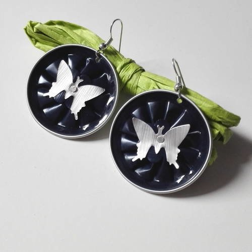 Boucles d'oreilles cabochons capsules nespresso bleues foncés papillons argentés féériques 