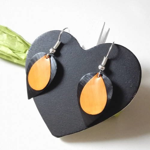 Boucles d'oreilles feuilles nespresso graphiques gouttes noires oranges féériques 
