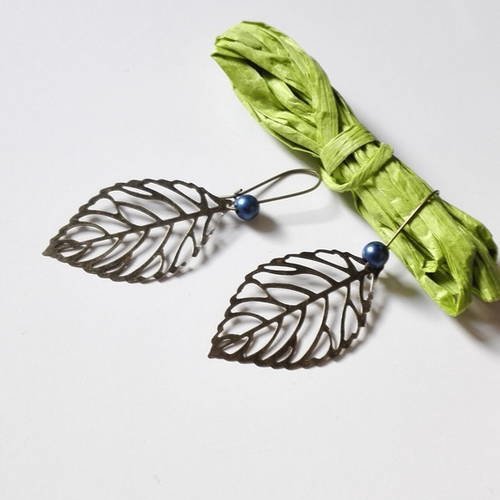 Boucles d'oreilles bronze feuilles bleues féériques vintage rétro chic 