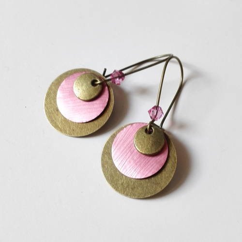 Boucles d'oreilles dormeuses bronze antique capsule café recyclé sequins roses féérique idée cadeau femme miss perles