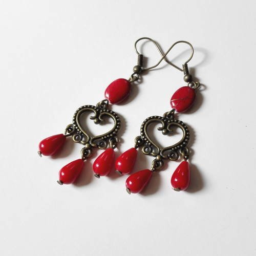 Boucles d'oreilles chandeliers rouges bronze antique féérique
