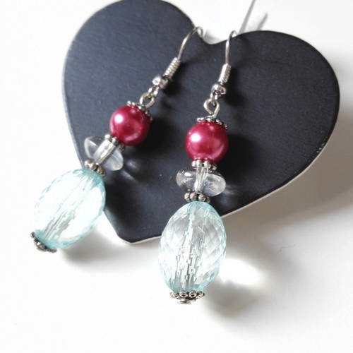 Boucles d'oreilles argentées perles bleues roses féériques zen 